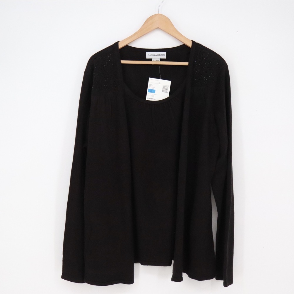 Sag Harbor Sweater Set Women XL Black Beaded Sequin Twinset New